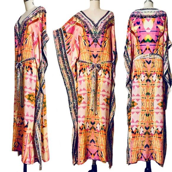 Camilla Dresses & Skirts - Camilla Crystal Embellished Silk Crepe Sashed Side Slit Long Kaftan